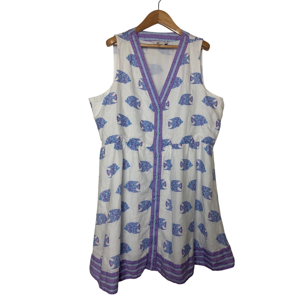Vineyard Vines Womens XL White Linen Fish Print Sleeveless Button Front Dress